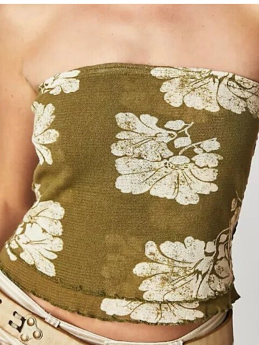 Free People Poppy Tube Top Army Green Combo Floral Smocked Crop L NWT
